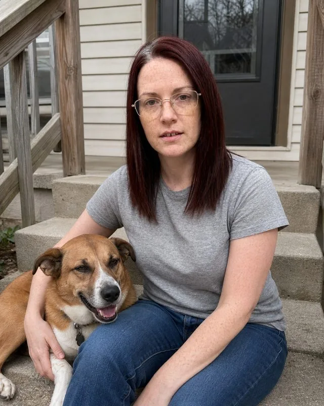 With a dog: sitting on the front steps of a house with a dog resting against one leg, soft overcast light