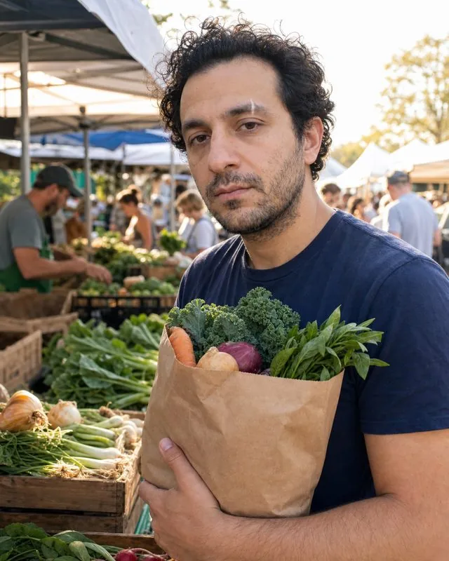 Farmers market: holding a paper bag of produce at a busy market stall, morning light, crates of vegetables in the foreground