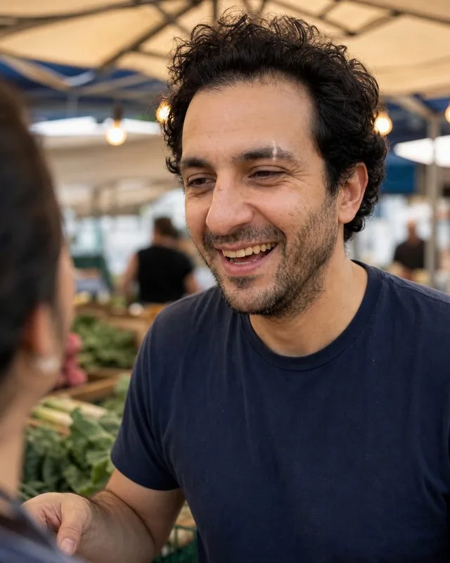 Farmers market: talking to a stallholder mid-laugh, canvas awnings and hanging lights blurred behind
