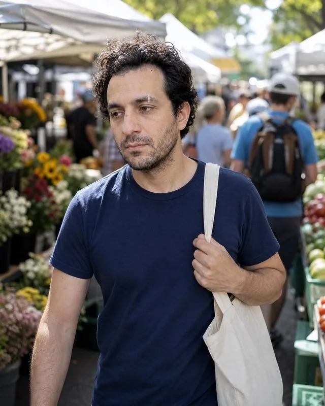 Farmers market: walking between stalls with a tote bag on the shoulder, candid, crowd softly out of focus