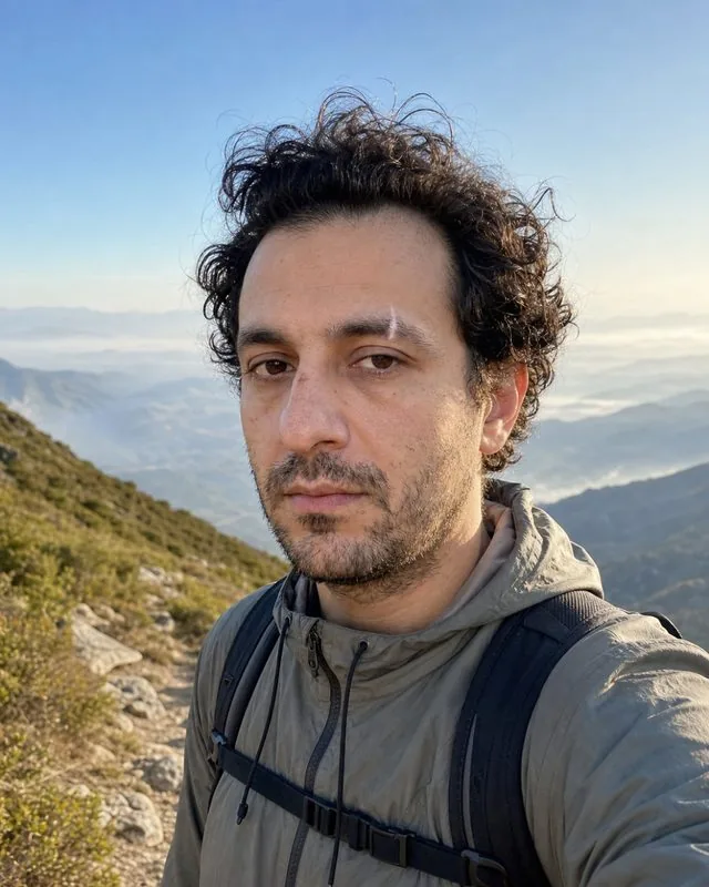 Hiking: on a ridge trail in a light windproof jacket with a small pack, valley haze behind, clear morning light