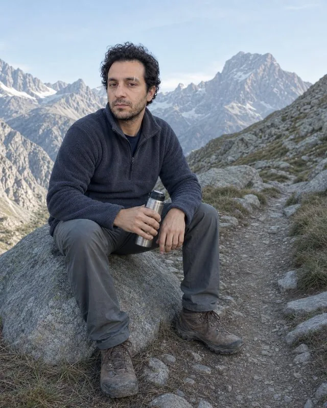 Hiking: sitting on a boulder with a flask, fleece and hiking trousers, boots and worn trail visible