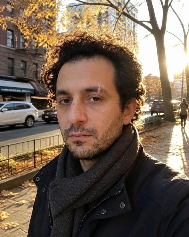 Outdoors: walking on a sunlit city street in autumn wearing a casual jacket and scarf, candid mid-stride