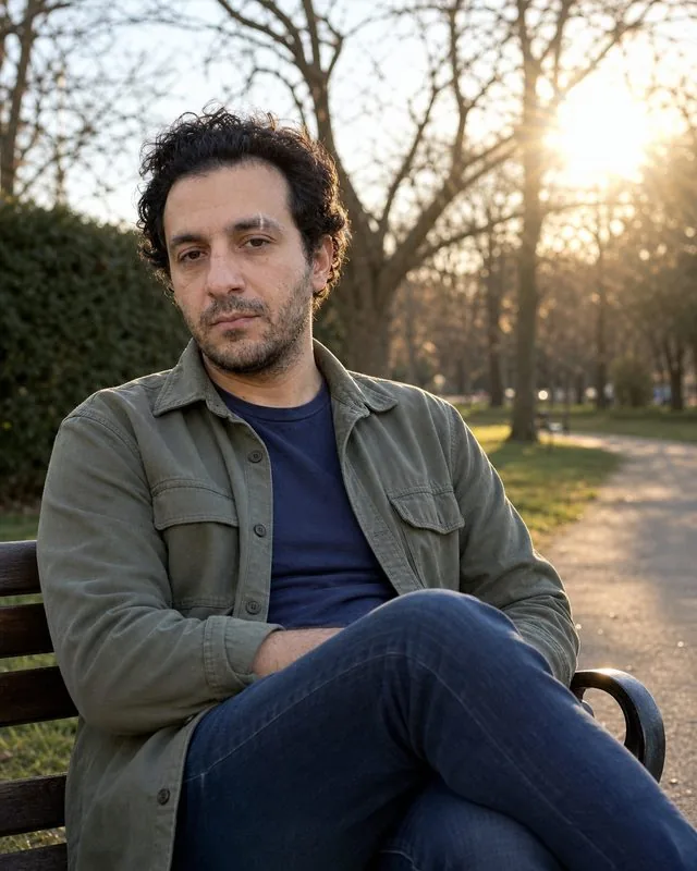 Outdoors: sitting on a park bench with legs crossed, olive overshirt and dark jeans, low sun through bare branches