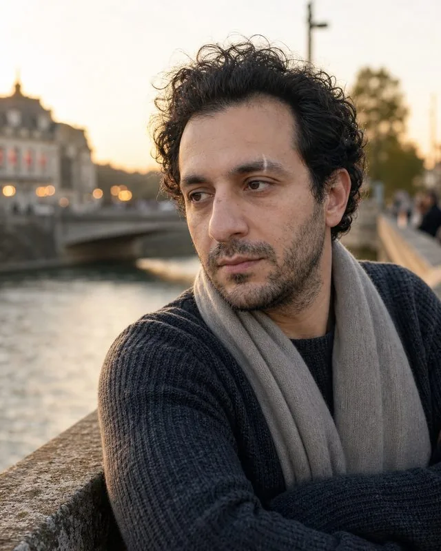 Outdoors: leaning against a stone bridge railing looking off camera, charcoal knit and a light scarf, warm late light
