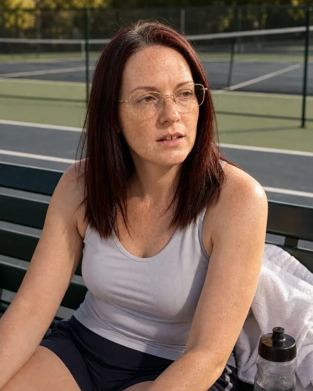 Tennis club: sitting courtside on a bench with a towel and water bottle, catching breath, warm side light