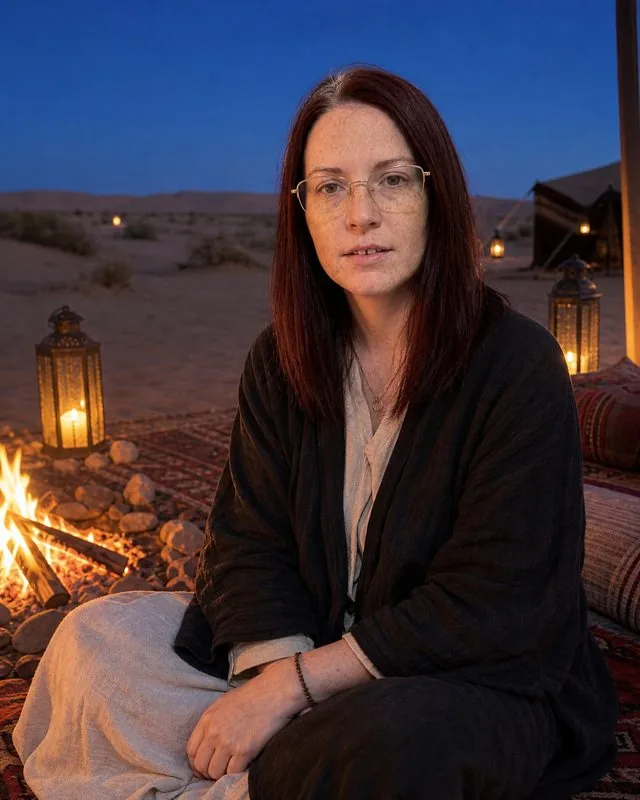 Desert dunes: seated on a rug at a desert camp at blue hour in a dark robe over light layers