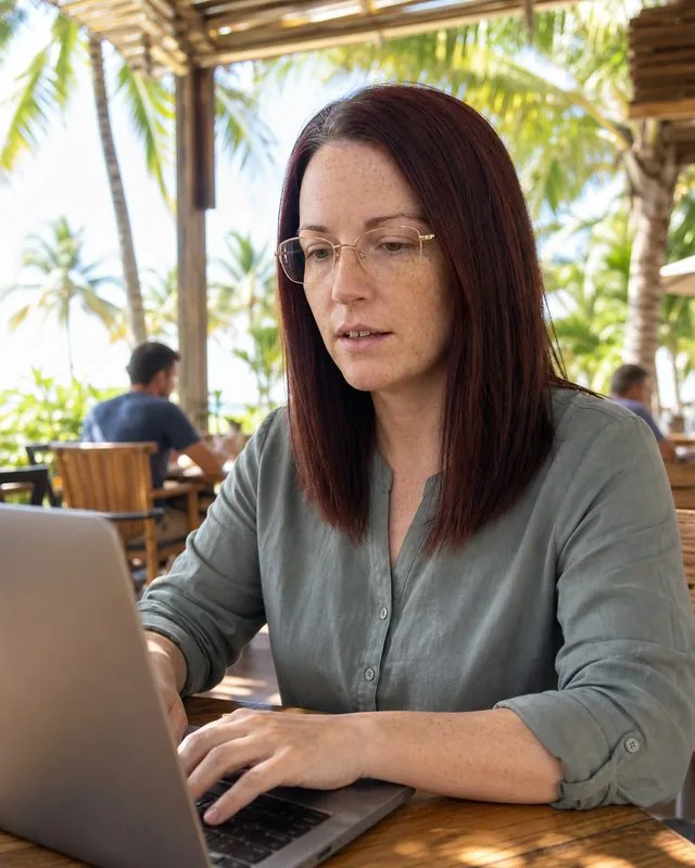 Digital nomad: working on a laptop at a wooden table in an open-air cafe, palms and bright sky behind, warm dappled light
