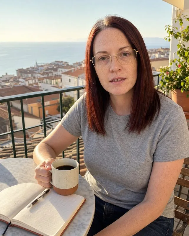 Digital nomad: on a balcony with a coffee and notebook, sea and rooftops below, early morning light