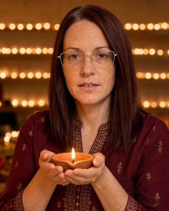Diwali: holding a small clay diya lamp with rows of lights behind, warm golden glow on the face, festive clothing
