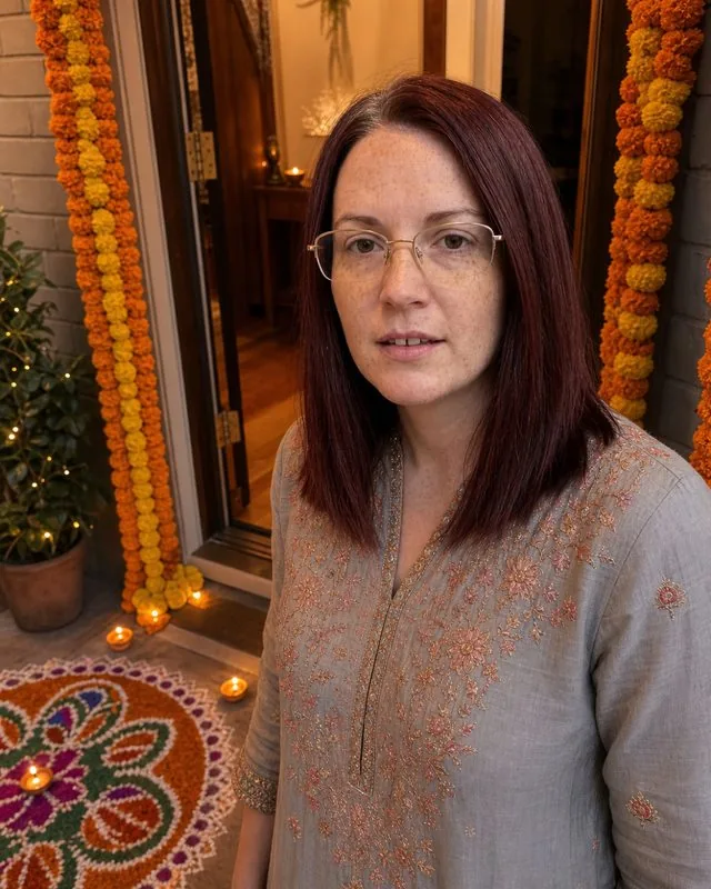 Diwali: in a doorway decorated with marigold garlands and rangoli, embroidered festive clothing, warm evening light