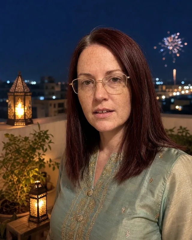 Diwali: on a rooftop at night with lanterns and distant fireworks, silk kurta, deep blue sky and warm lamp fill
