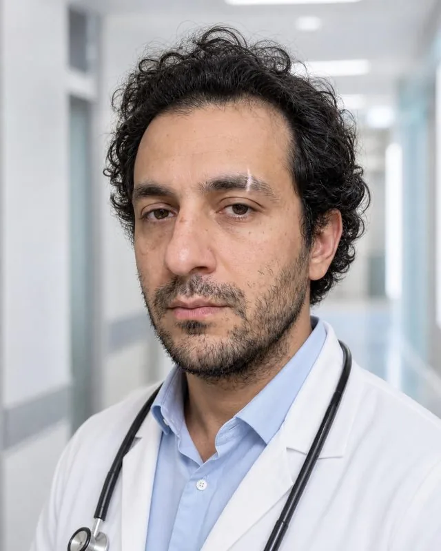 Doctor: in a white coat over a light blue shirt, standing in a bright clinic corridor, stethoscope around the neck