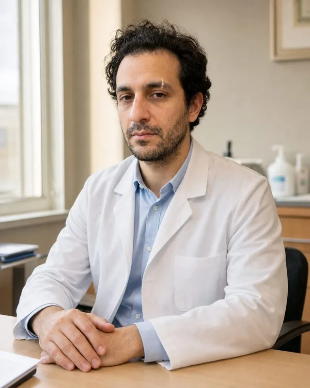 Doctor: seated in a consulting room with hands resting on the desk, white coat over a light blue shirt