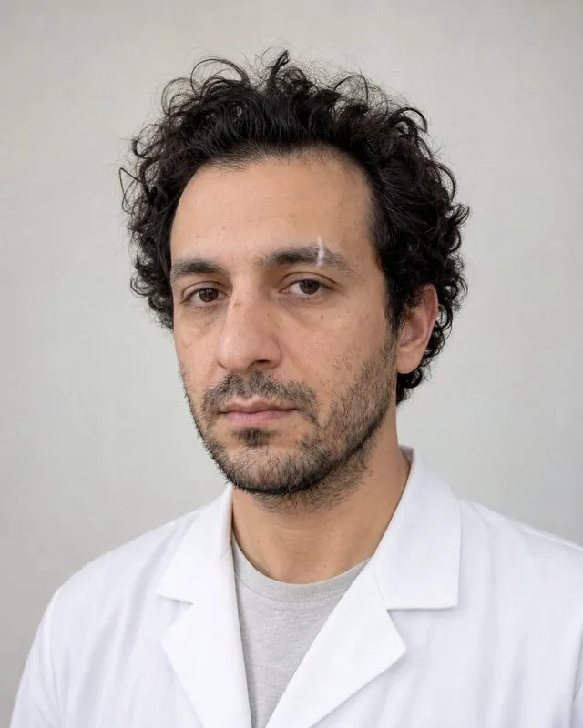 Doctor: a head-and-shoulders frame against a pale clinical wall, white coat, calm direct gaze