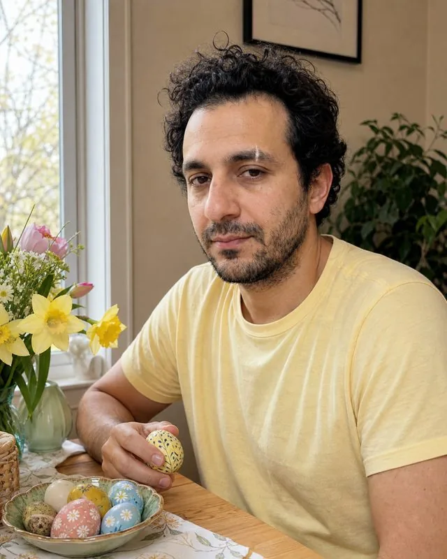 Easter: at a table laid with painted eggs and flowers, pale yellow shirt, warm daylight through a window