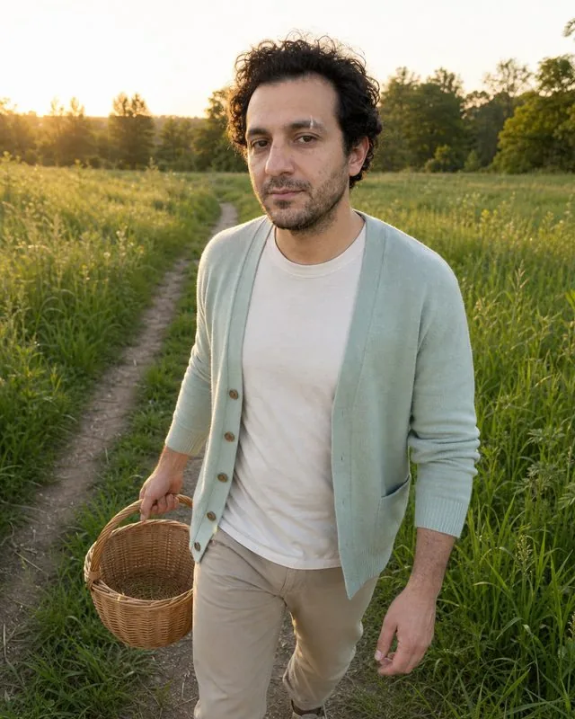 Easter: walking a meadow path with a wicker basket in a light pastel cardigan, fresh green grass and low sun