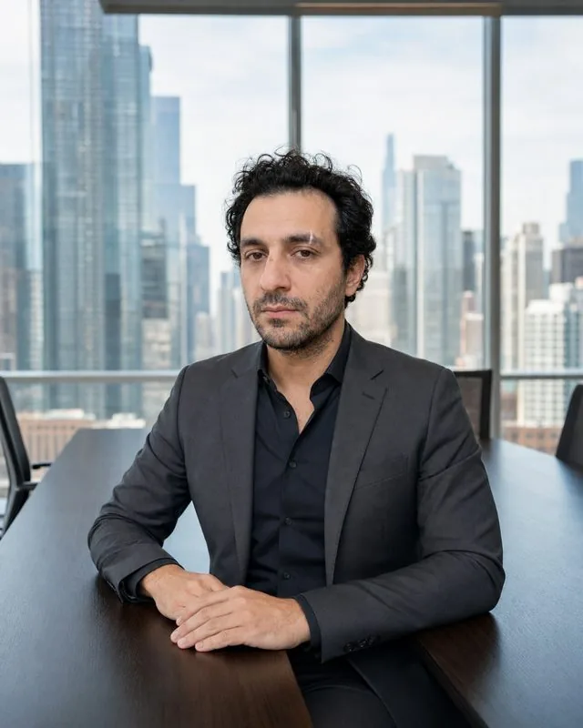 Executive: seated at the head of a dark wood boardroom table, tailored charcoal suit