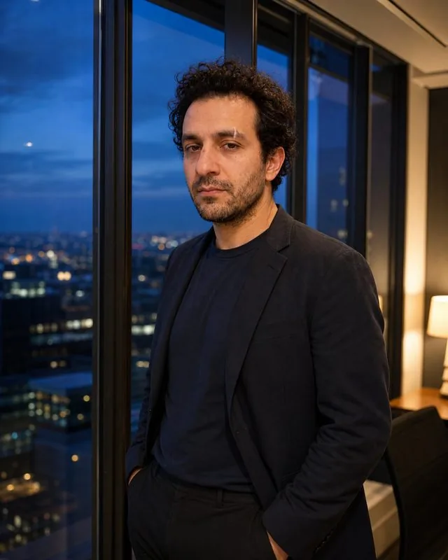 Executive: standing by a floor-to-ceiling window at dusk, jacket open, hands in pockets