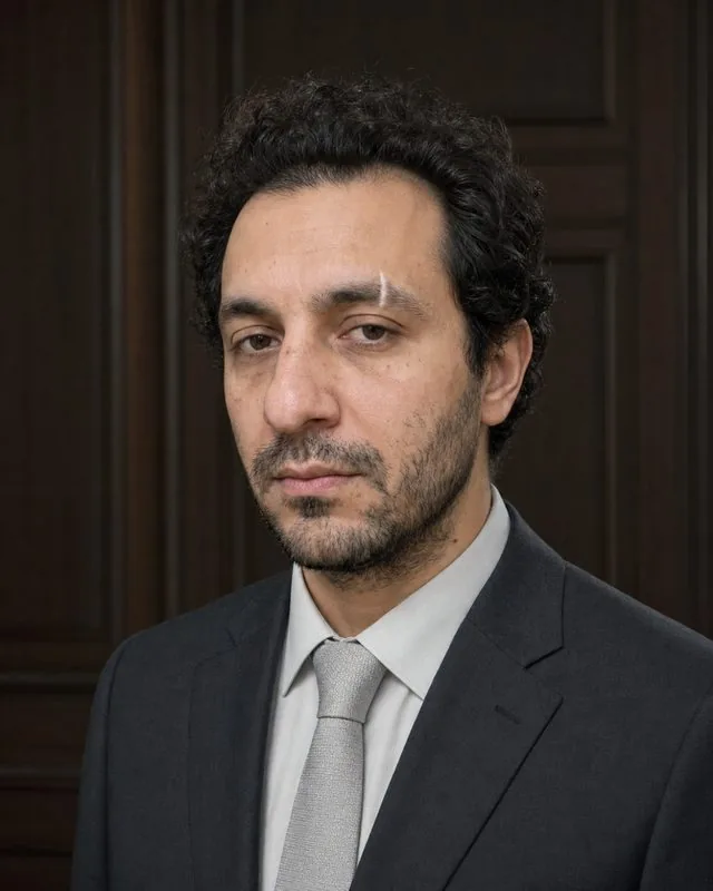 Executive: a tight portrait against dark panelled wood, charcoal suit and pale grey tie, single soft key light