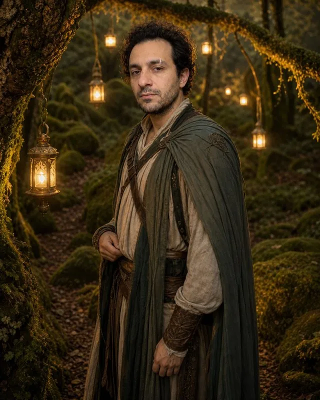 Fairy tale: in a flowing costume in a mossy forest with lanterns hanging from branches, warm dusk glow