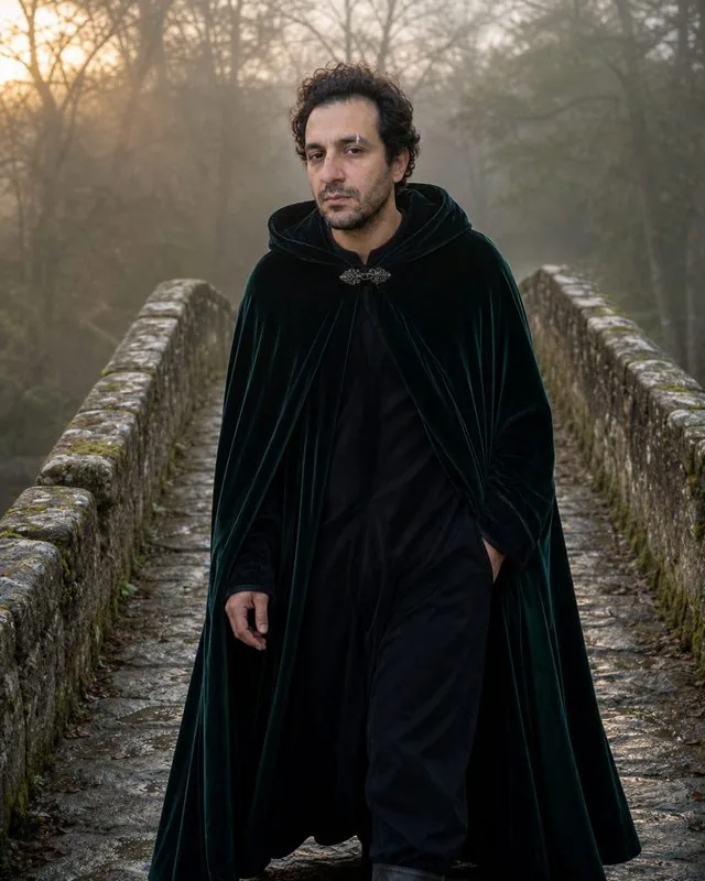 Fairy tale: crossing a stone bridge in a misty wood at dawn, hooded velvet cloak, cool pale light and long shadows