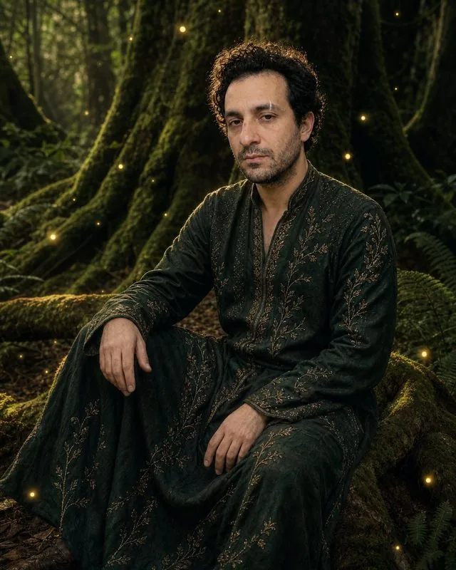 Fairy tale: seated on a moss-covered root in an embroidered gown, fireflies in the air