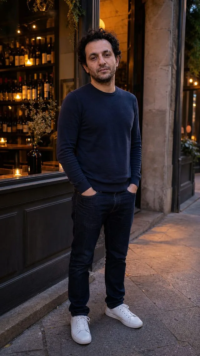 First date, full length: a full-length frame standing outside a wine bar at dusk, dark jeans, a fitted knit and clean white trainers