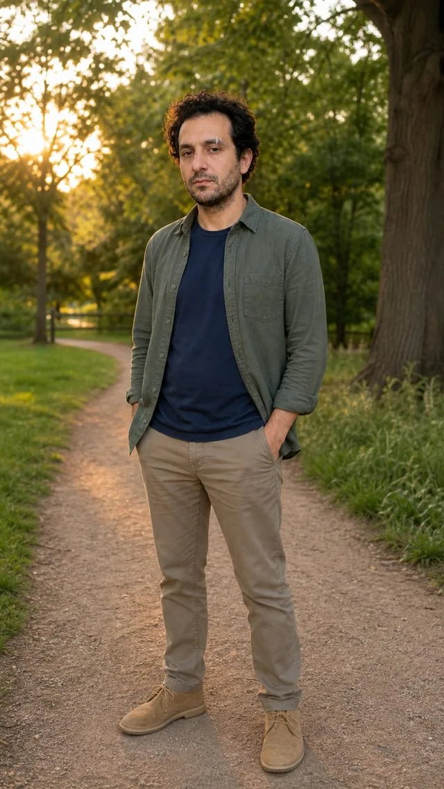 First date, full length: the entire figure on a park path with hands in pockets, olive overshirt over a tee, chinos and desert boots