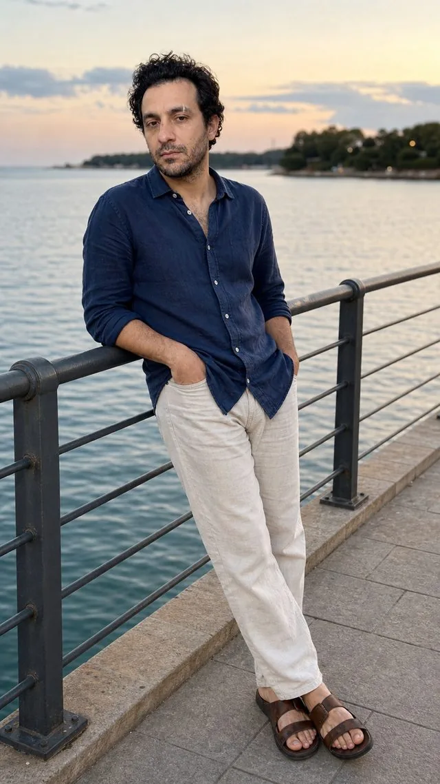 First date, full length: a head-to-toe frame leaning on a railing by the water, casual linen shirt and light trousers, sandals visible
