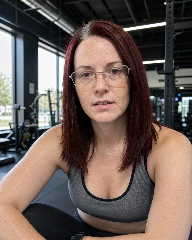 Gym: in a modern gym in athletic clothing, resting between sets, natural window light, slight sweat, realistic skin