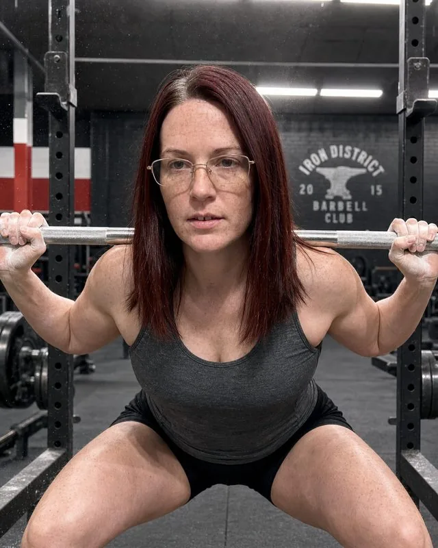 Gym: mid-set with a barbell on the shoulders in a squat rack, fitted training top and shorts