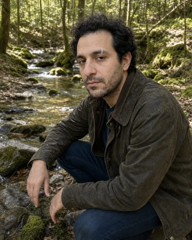 Nature: crouching by a shallow forest stream in a waxed jacket, dappled light on moss and stone