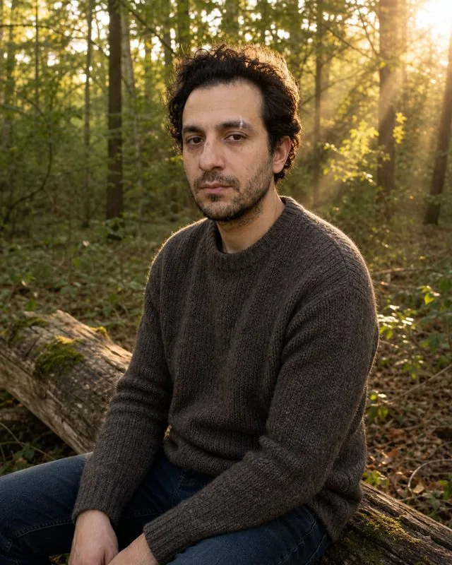 Nature: on a fallen log in a clearing at sunset, chunky wool jumper, warm shafts through the canopy