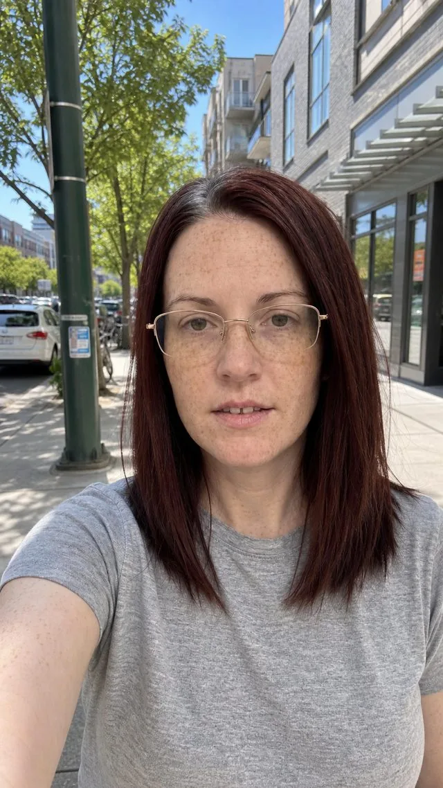 Front camera: a hand-held front camera selfie outdoors on a bright day, arm slightly extended, wide-lens perspective