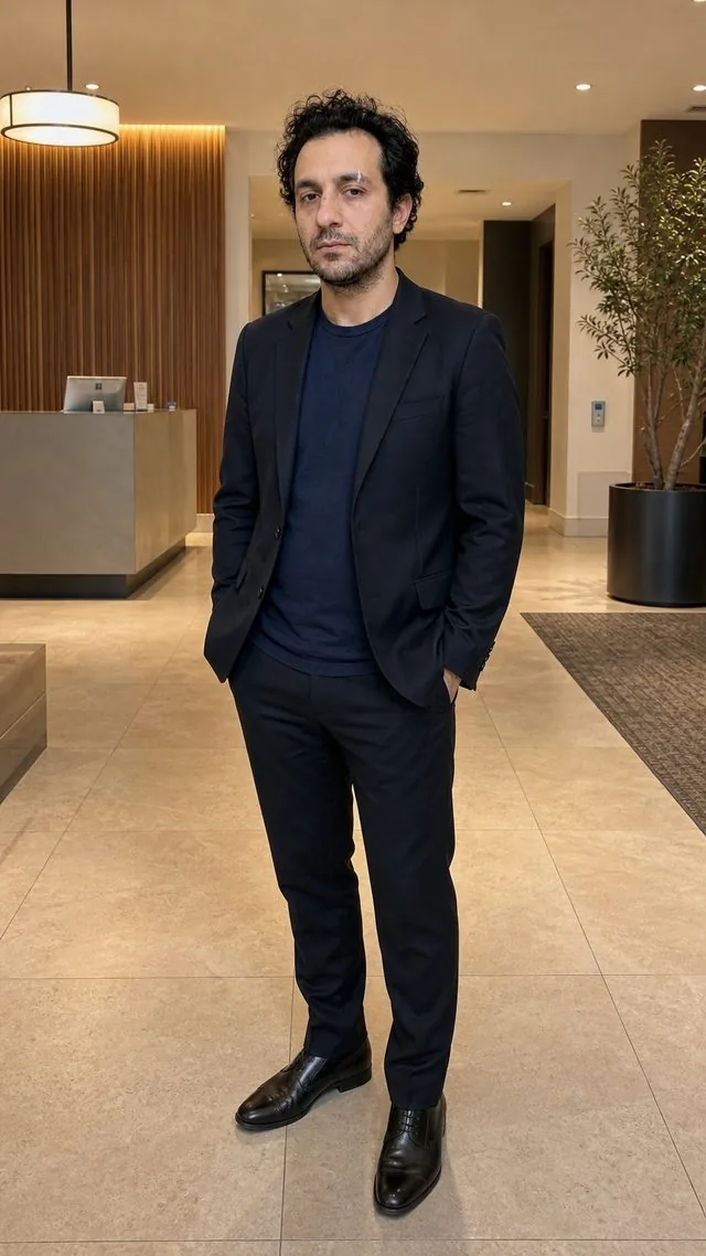 Business full-length: a head-to-toe standing frame in a modern lobby, black trousers and a fitted blazer, hands in pockets
