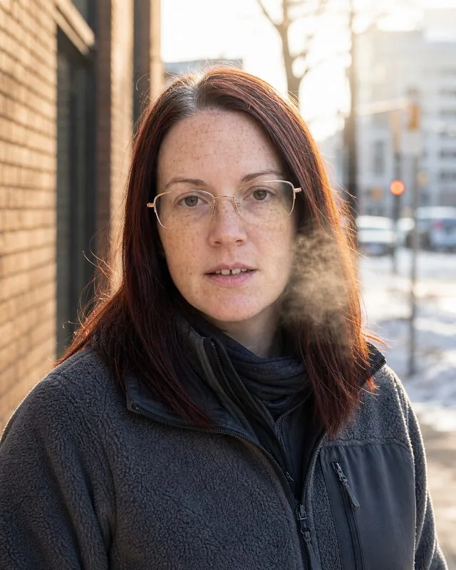 Gorpcore: in technical outdoor layers and a fleece jacket on a city street, hard winter light, breath visible