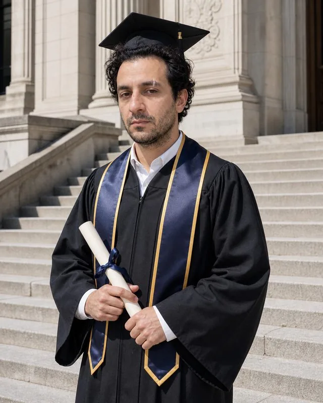 Graduation: in cap and gown on university steps holding a diploma, bright daylight, stone facade behind