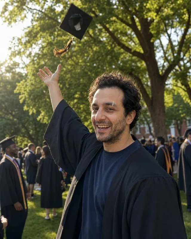 Graduation: throwing the cap in the air on a green quad in an open gown, other graduates blurred behind, low afternoon sun