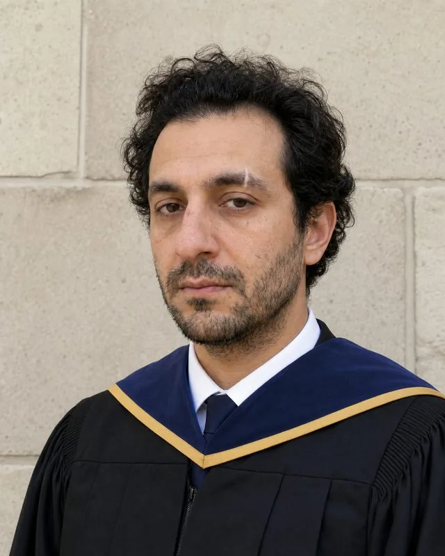 Graduation: a posed portrait in gown and hood against a plain stone wall, soft even light