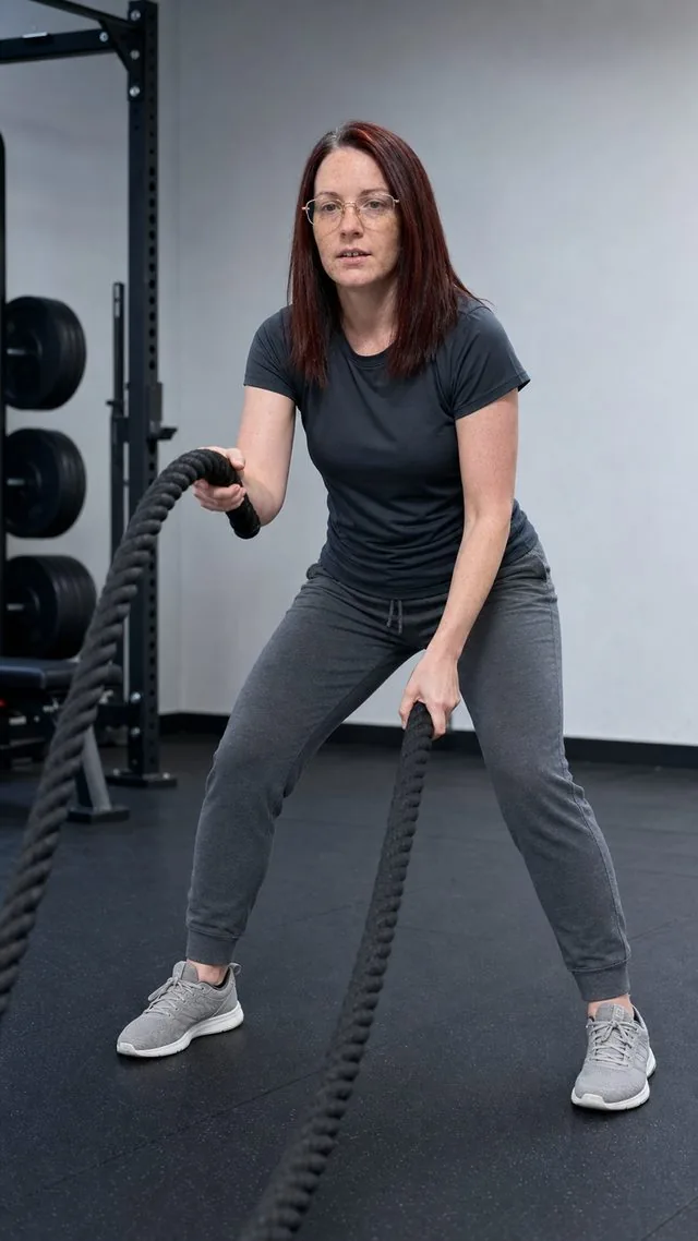 Gym, full body: the whole figure gripping a battle rope with both hands, technical tee and joggers, head to toe in view
