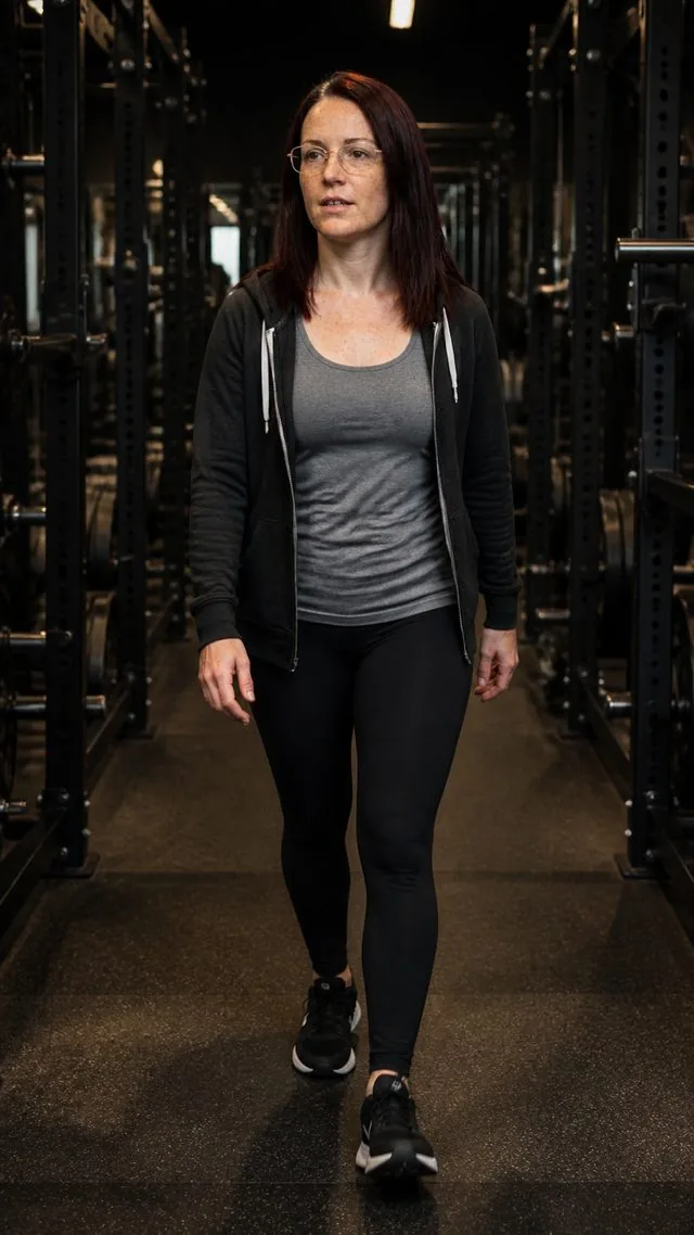 Gym, full body: a head-to-toe frame walking between weight racks, hoodie unzipped over a tank top, leggings and cross-trainers