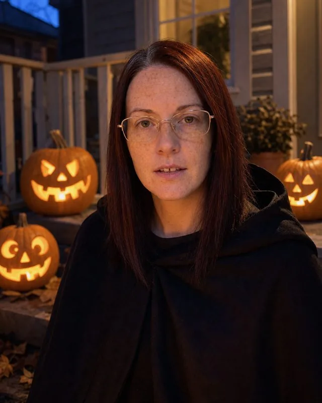 Halloween: on a porch with carved pumpkins glowing at dusk, dark cloak, warm candle light from below