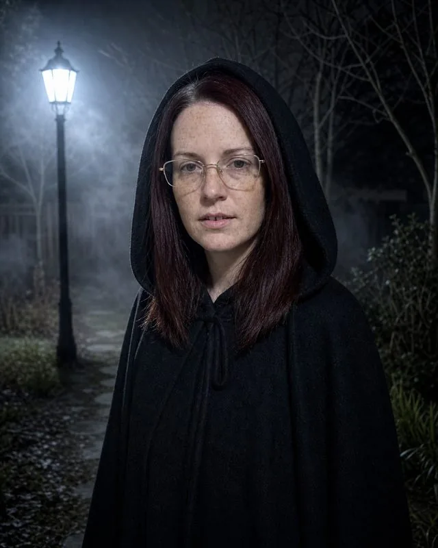 Halloween: in a fog-filled garden at night in a long dark hooded cloak, single cold lamp, bare trees behind