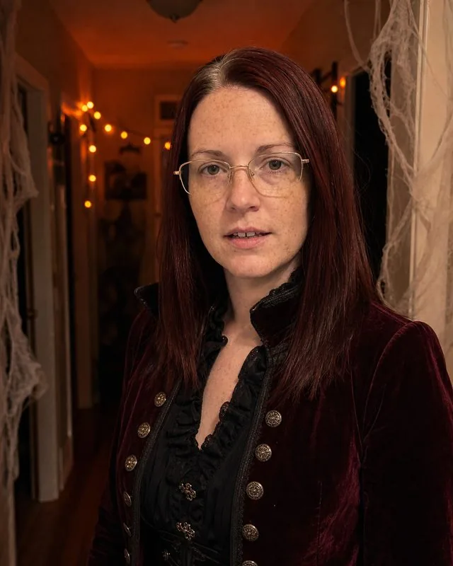 Halloween: in a dimly lit hallway with cobweb decorations and orange string lights, theatrical costume