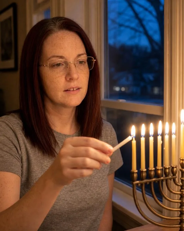 Hanukkah: lighting candles on a menorah by a window at dusk, warm candlelight against cool blue outside