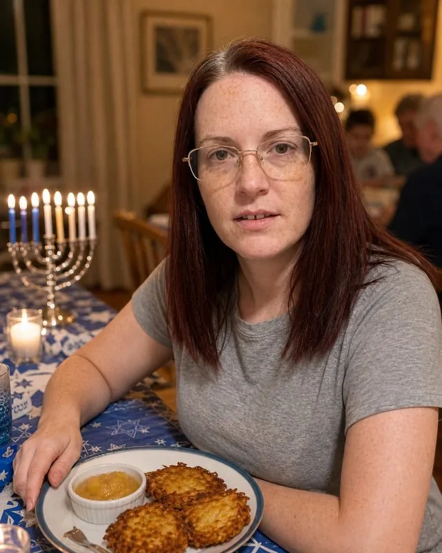 Hanukkah: at a family table with latkes and blue-and-white decorations, warm interior light