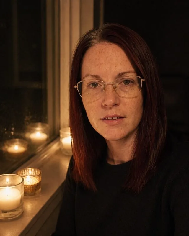 Hanukkah: a portrait beside a window sill of glowing candles, dark room and soft reflected glow