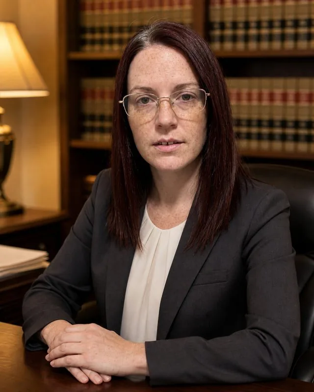 Lawyer: seated at a dark wood desk in a law office, charcoal suit, hands folded, warm lamp light