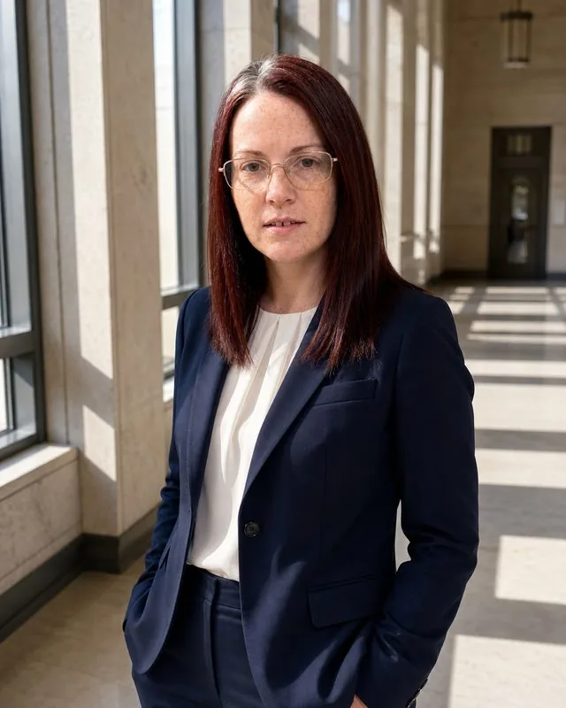 Lawyer: standing in a courthouse corridor in a navy suit, tall windows throwing long daylight across a stone floor